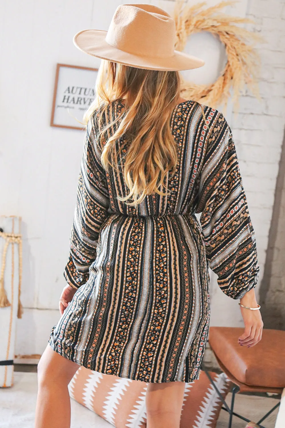 Stripe Floral Surplice Elastic Waist Dress