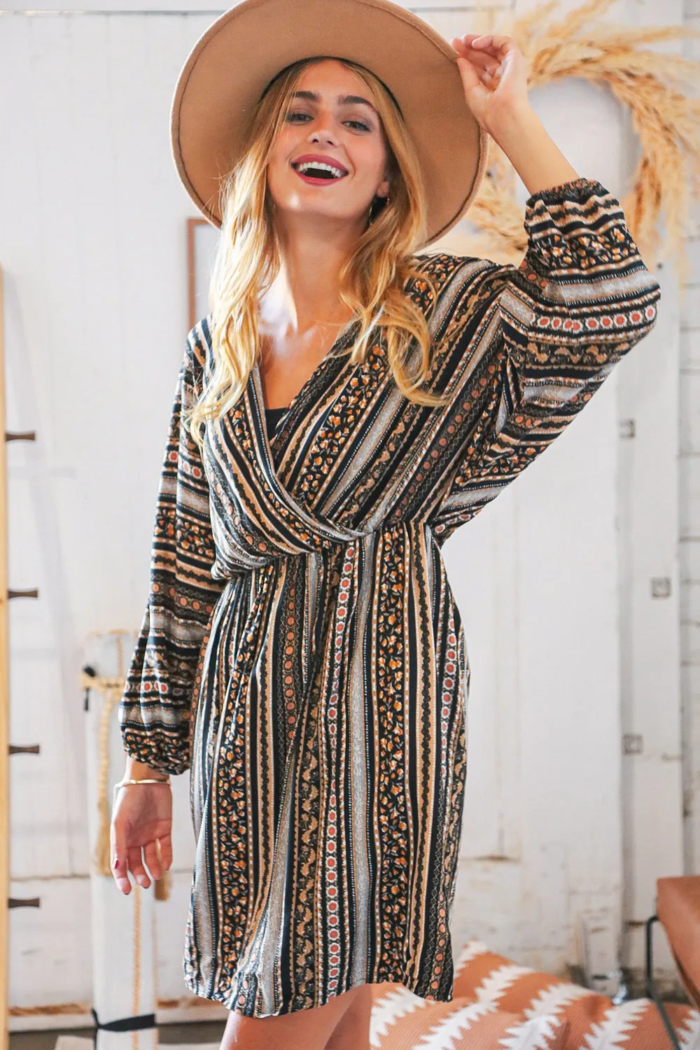 Stripe Floral Surplice Elastic Waist Dress