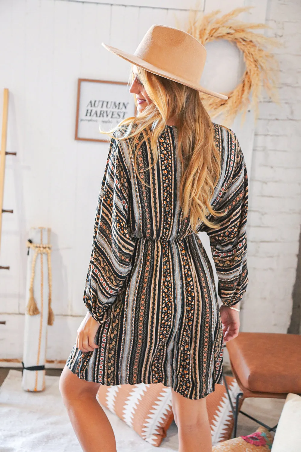 Stripe Floral Surplice Elastic Waist Dress