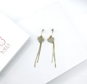 Studded Heart Charm Gold Hoop Earrings, Chain Dangle Charm Studs, Wedding Crystal Heart Charm Earrings