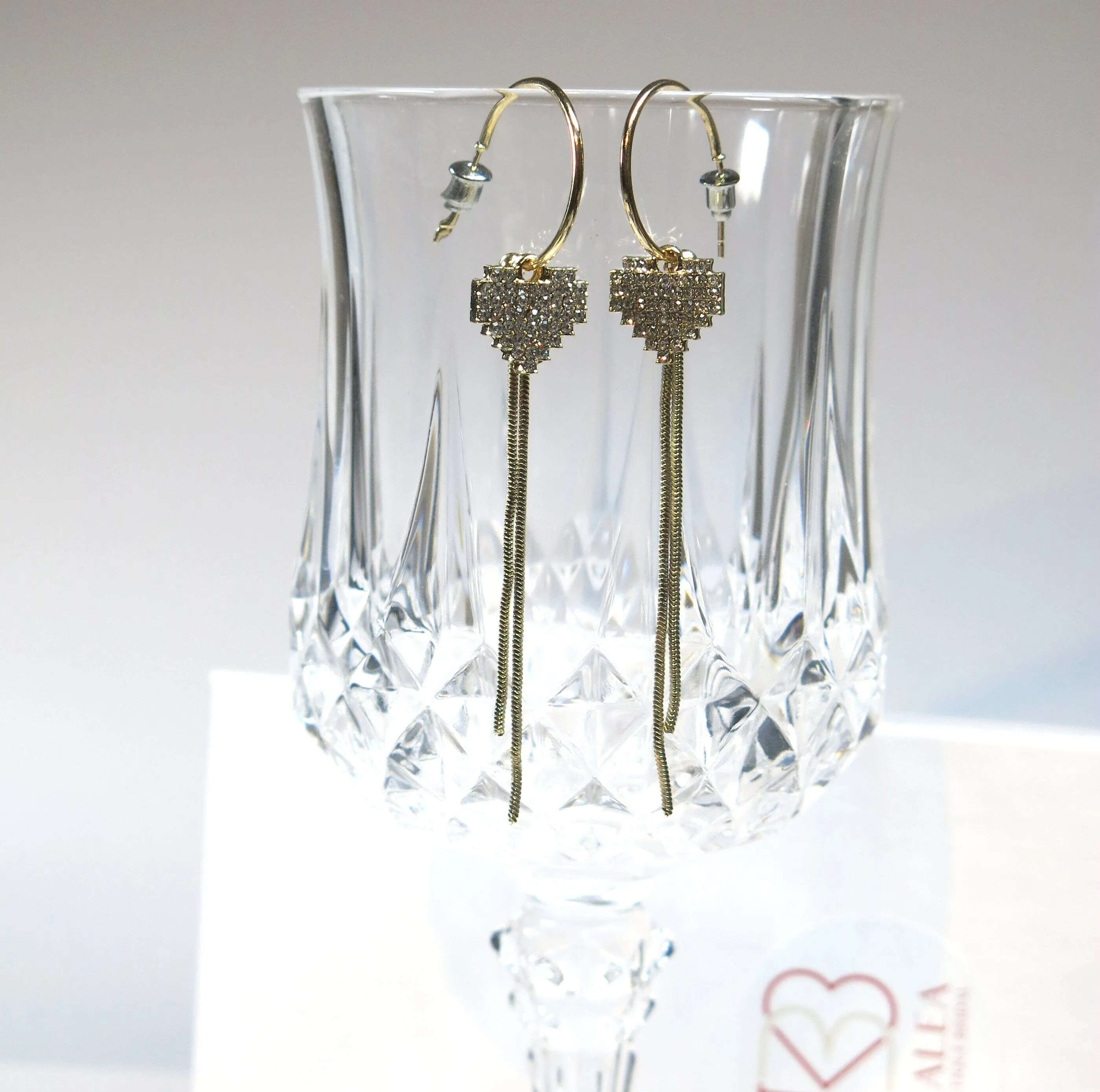 Studded Heart Charm Gold Hoop Earrings, Chain Dangle Charm Studs, Wedding Crystal Heart Charm Earrings