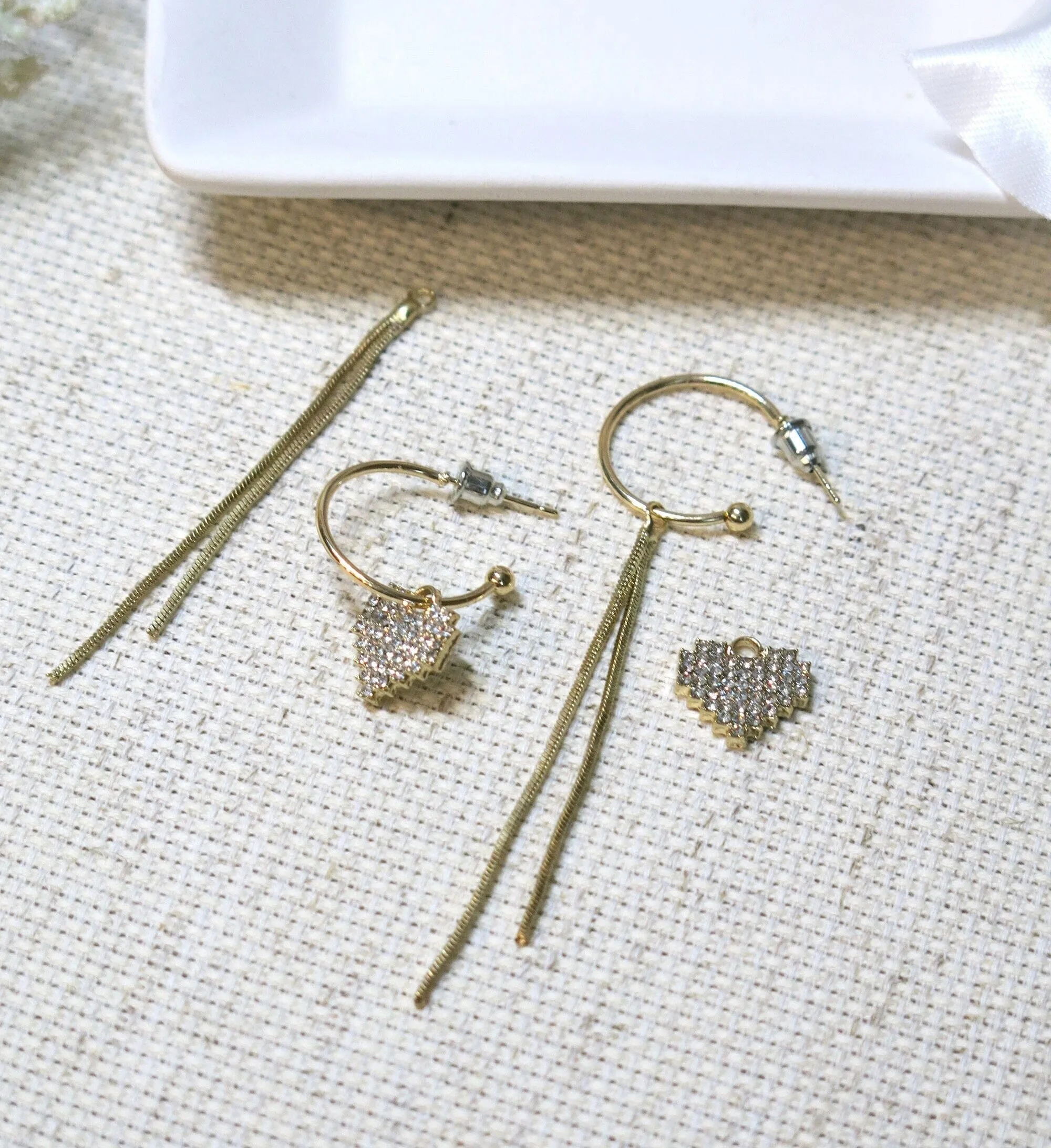 Studded Heart Charm Gold Hoop Earrings, Chain Dangle Charm Studs, Wedding Crystal Heart Charm Earrings