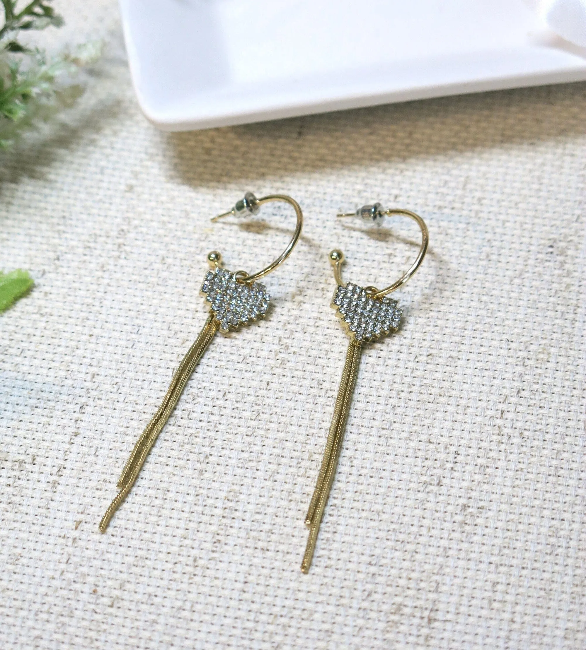 Studded Heart Charm Gold Hoop Earrings, Chain Dangle Charm Studs, Wedding Crystal Heart Charm Earrings