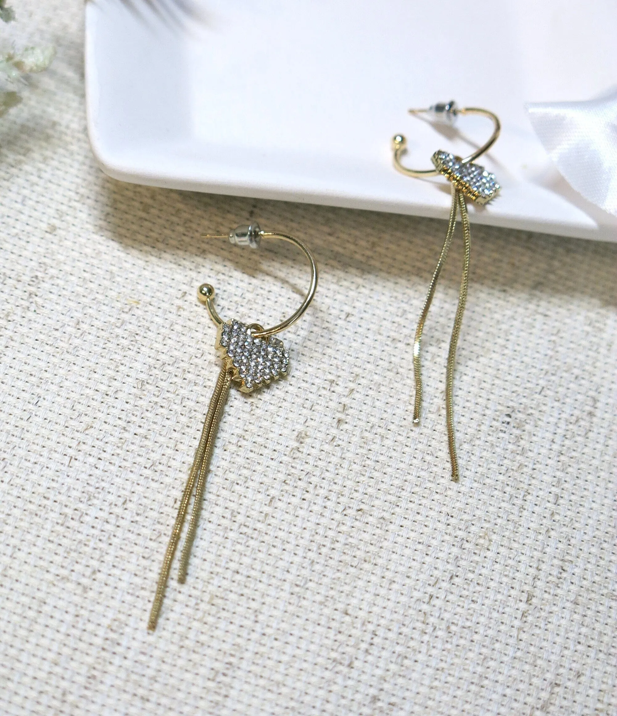 Studded Heart Charm Gold Hoop Earrings, Chain Dangle Charm Studs, Wedding Crystal Heart Charm Earrings