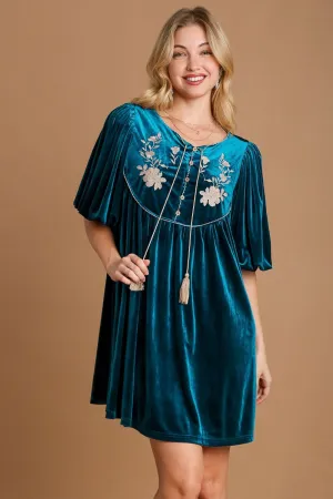 Teal Embroidered Half Sleeve Velvet Mini Dress with Tassel