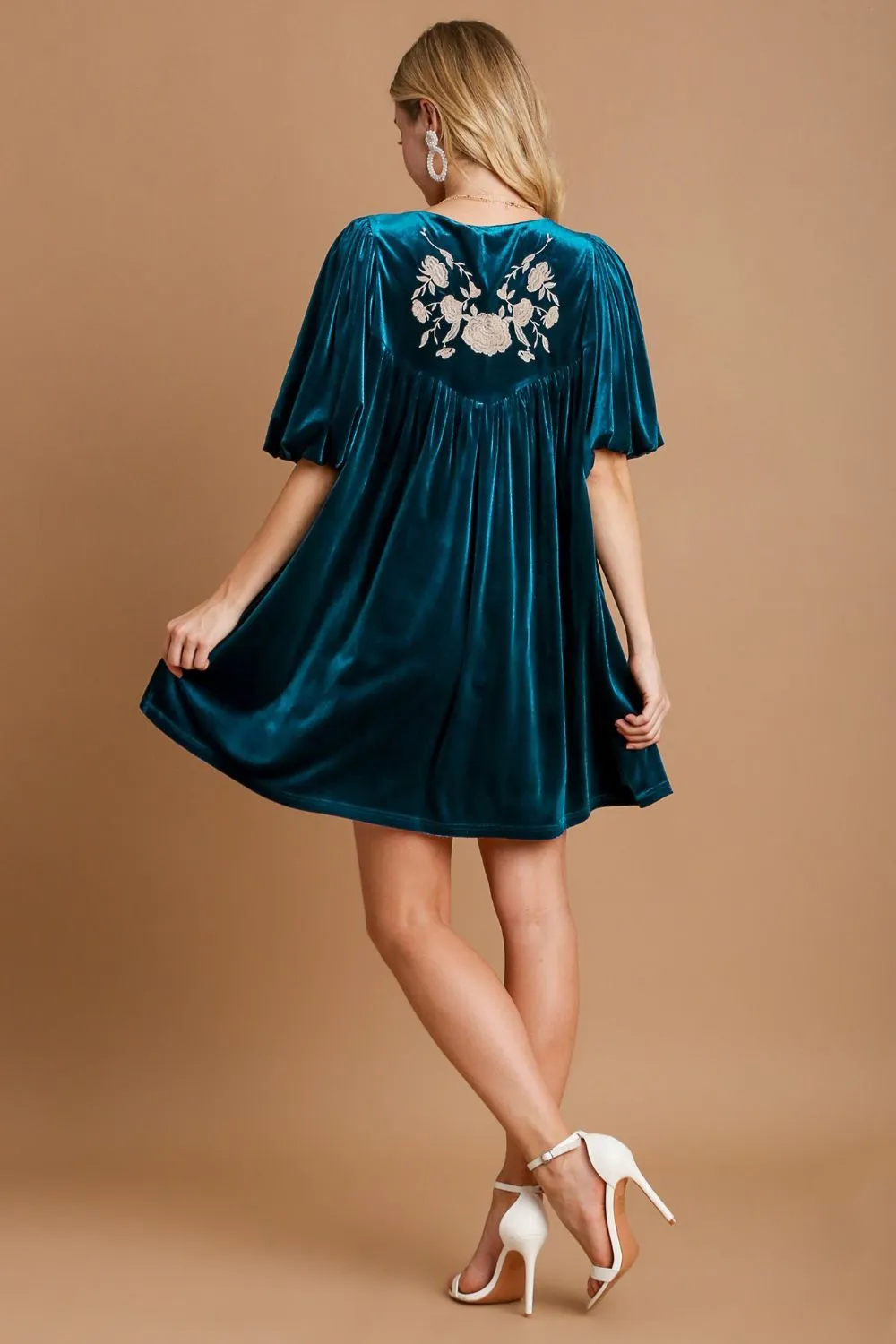 Teal Embroidered Half Sleeve Velvet Mini Dress with Tassel