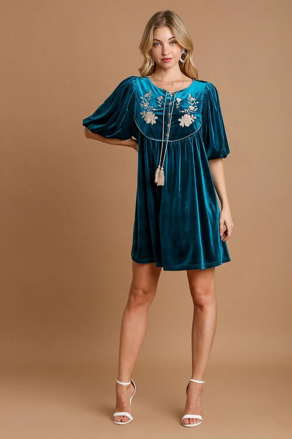Teal Embroidered Half Sleeve Velvet Mini Dress with Tassel