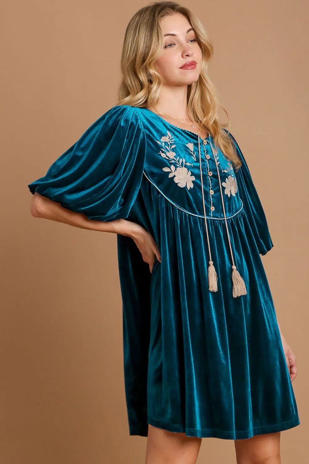 Teal Embroidered Half Sleeve Velvet Mini Dress with Tassel
