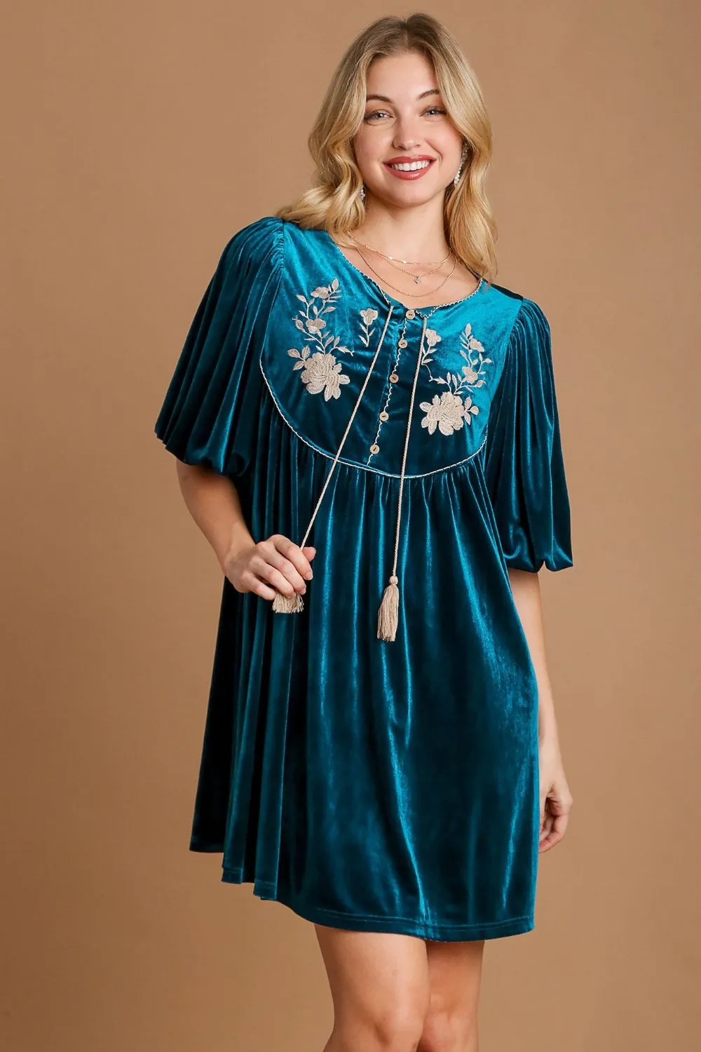 Teal Embroidered Half Sleeve Velvet Mini Dress with Tassel