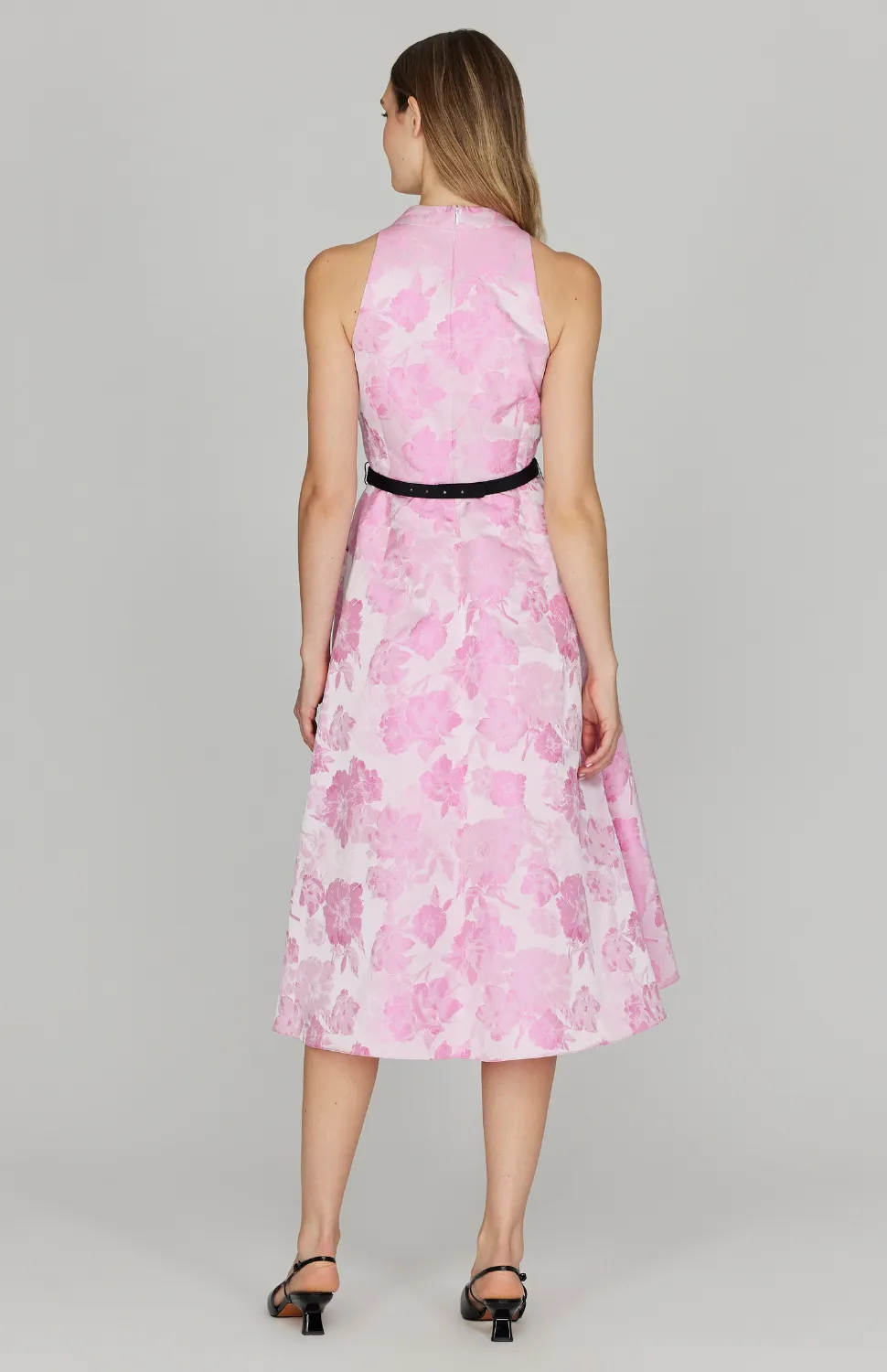 Tonal Bloom Jacquard Halter Faux Wrap Fit & Flare Dress