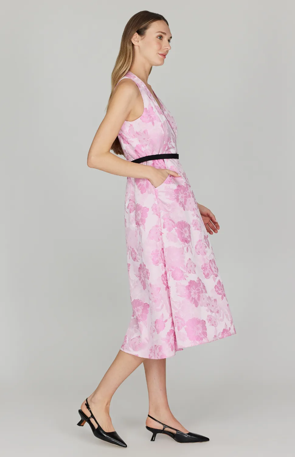 Tonal Bloom Jacquard Halter Faux Wrap Fit & Flare Dress