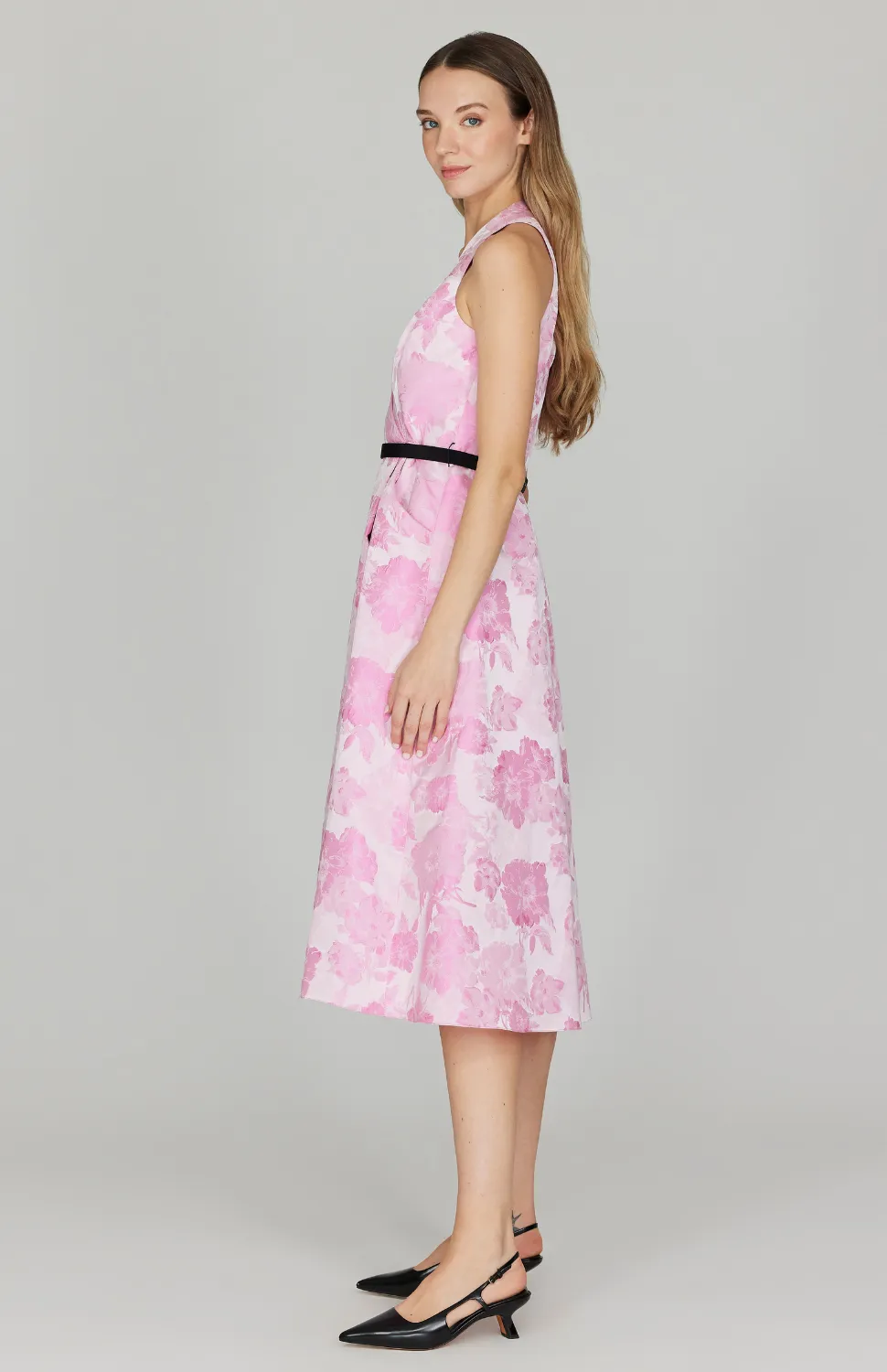 Tonal Bloom Jacquard Halter Faux Wrap Fit & Flare Dress