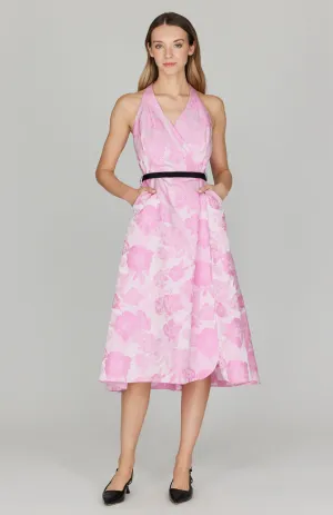 Tonal Bloom Jacquard Halter Faux Wrap Fit & Flare Dress