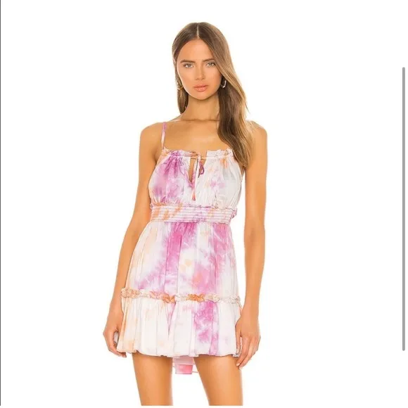 Tularosa Revolve ‘Fresco’ Ruffle Hem Tie Dye Dress Medium Smocked Waist