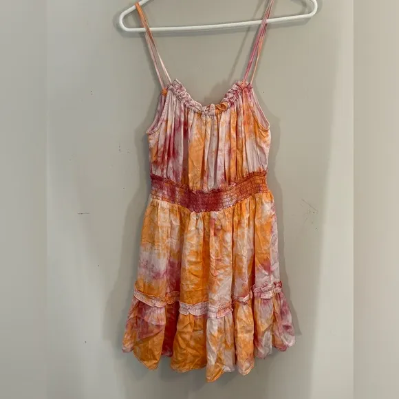 Tularosa Revolve ‘Fresco’ Ruffle Hem Tie Dye Dress Medium Smocked Waist