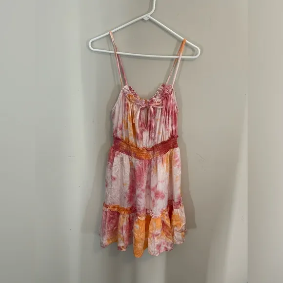 Tularosa Revolve ‘Fresco’ Ruffle Hem Tie Dye Dress Medium Smocked Waist