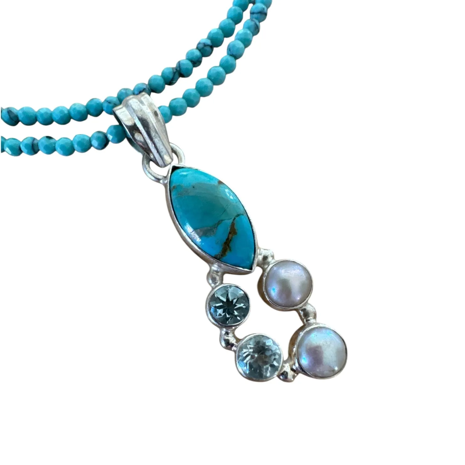Turquoise, Blue Topaz Solid 925 Sterling Silver Pendant Necklace