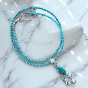 Turquoise, Blue Topaz Solid 925 Sterling Silver Pendant Necklace
