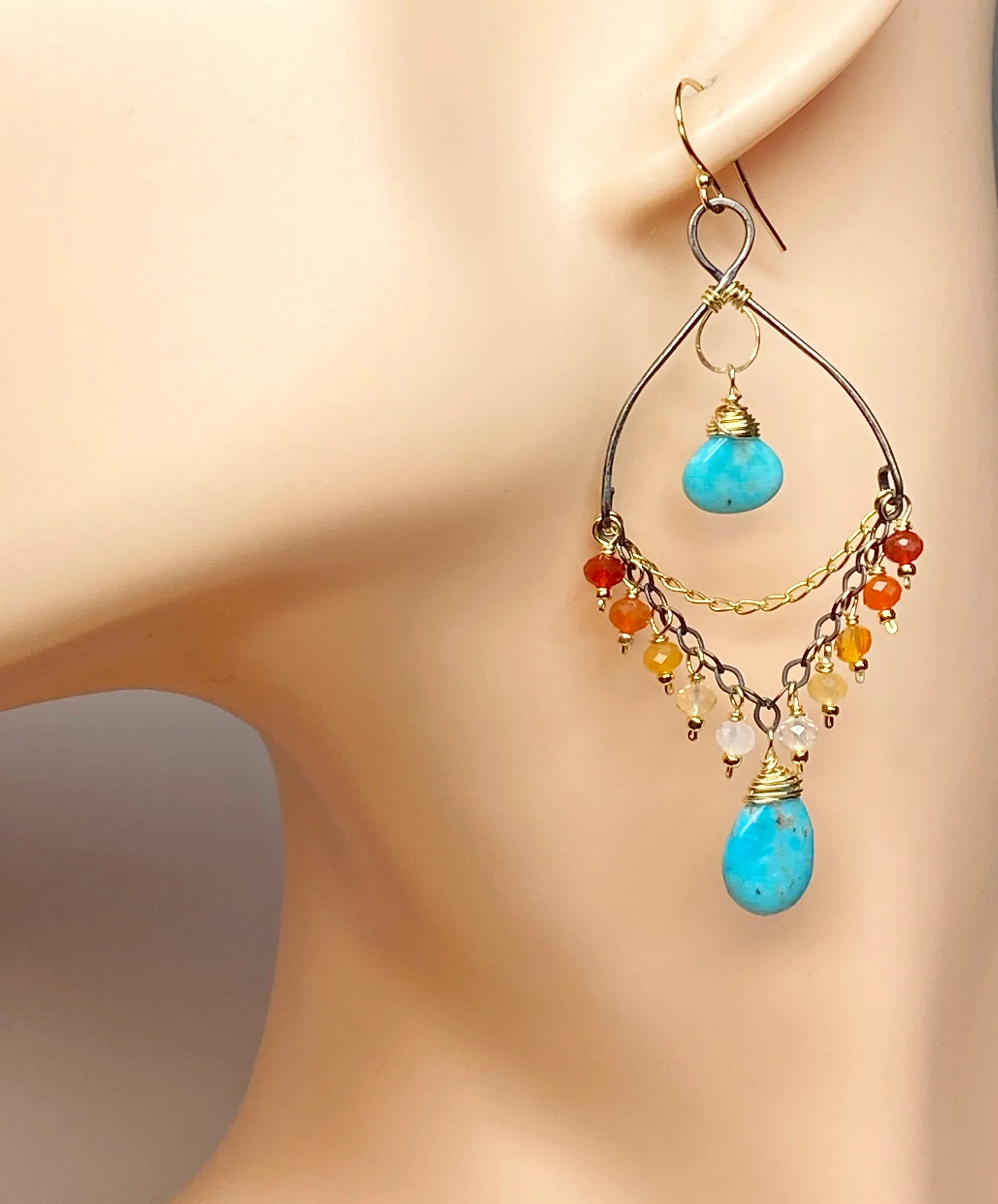 Turquoise Gemstone Mexican Fire Opal Mixed Metal Chandelier Earrings