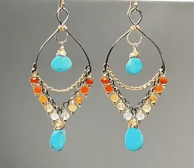 Turquoise Gemstone Mexican Fire Opal Mixed Metal Chandelier Earrings