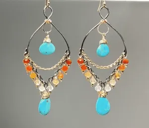Turquoise Gemstone Mexican Fire Opal Mixed Metal Chandelier Earrings