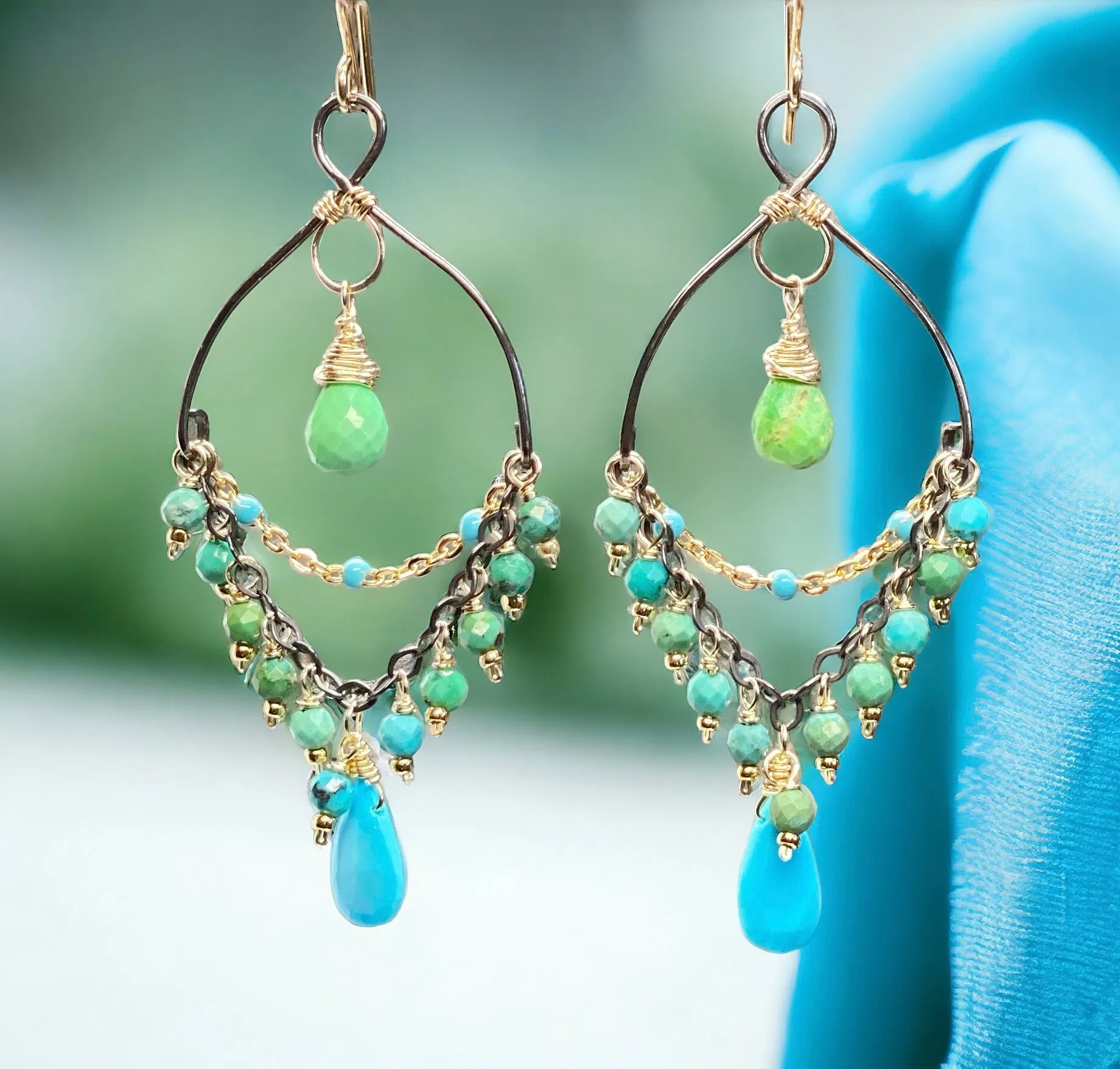 Turquoise Gemstone Mixed Metal Chandelier Earrings