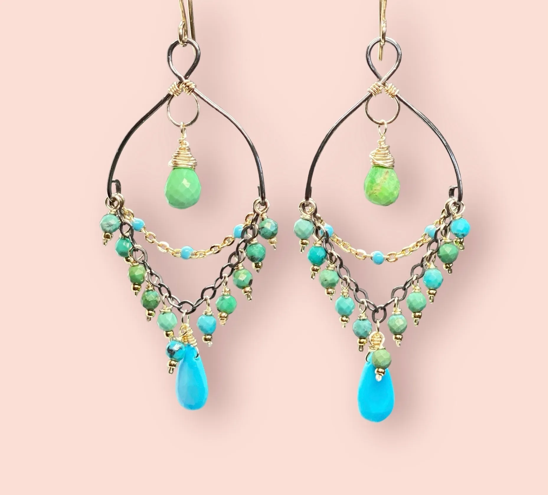 Turquoise Gemstone Mixed Metal Chandelier Earrings