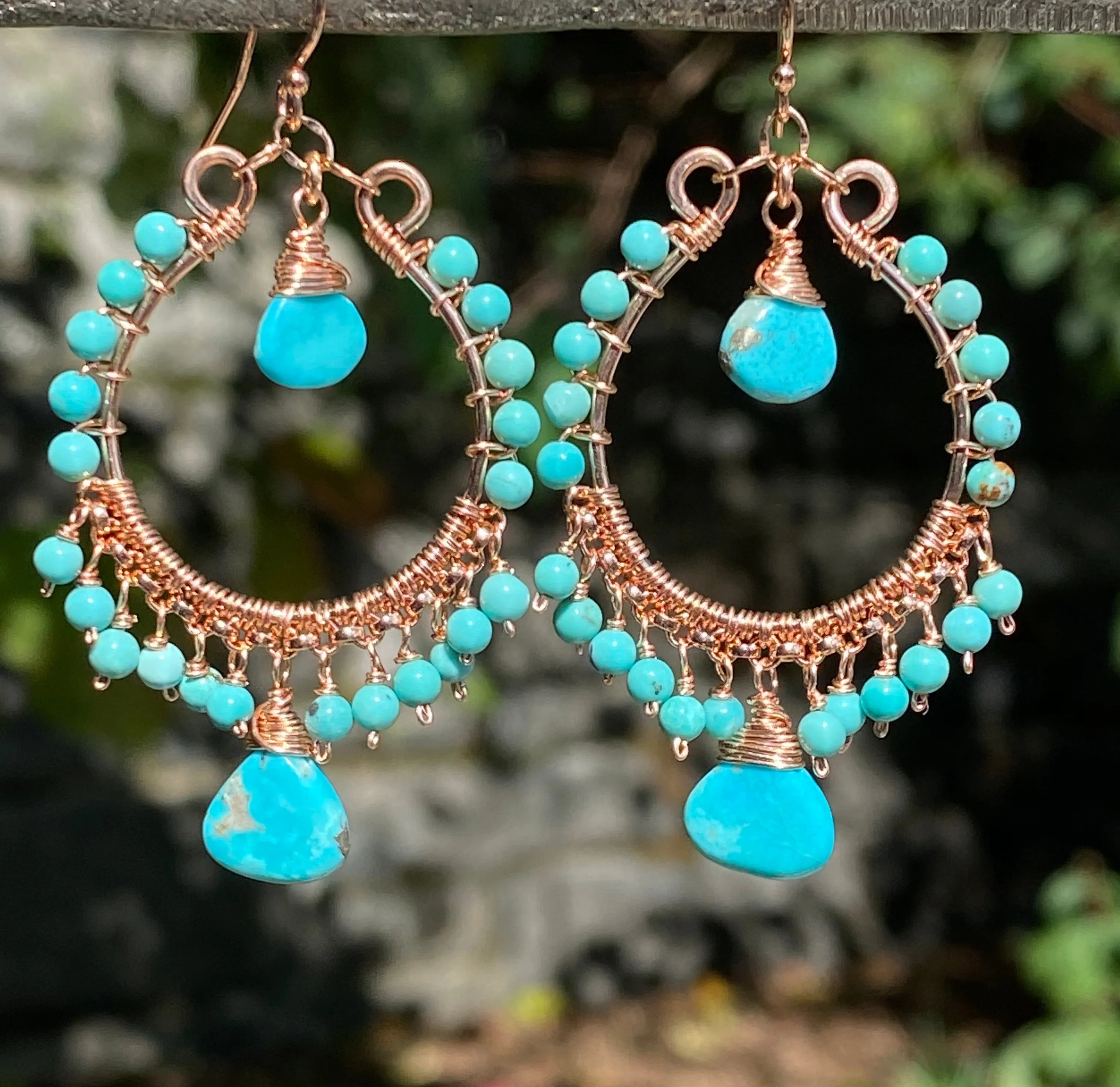 Turquoise Gemstone Rose Gold Hoop Earrings Kingman Mine