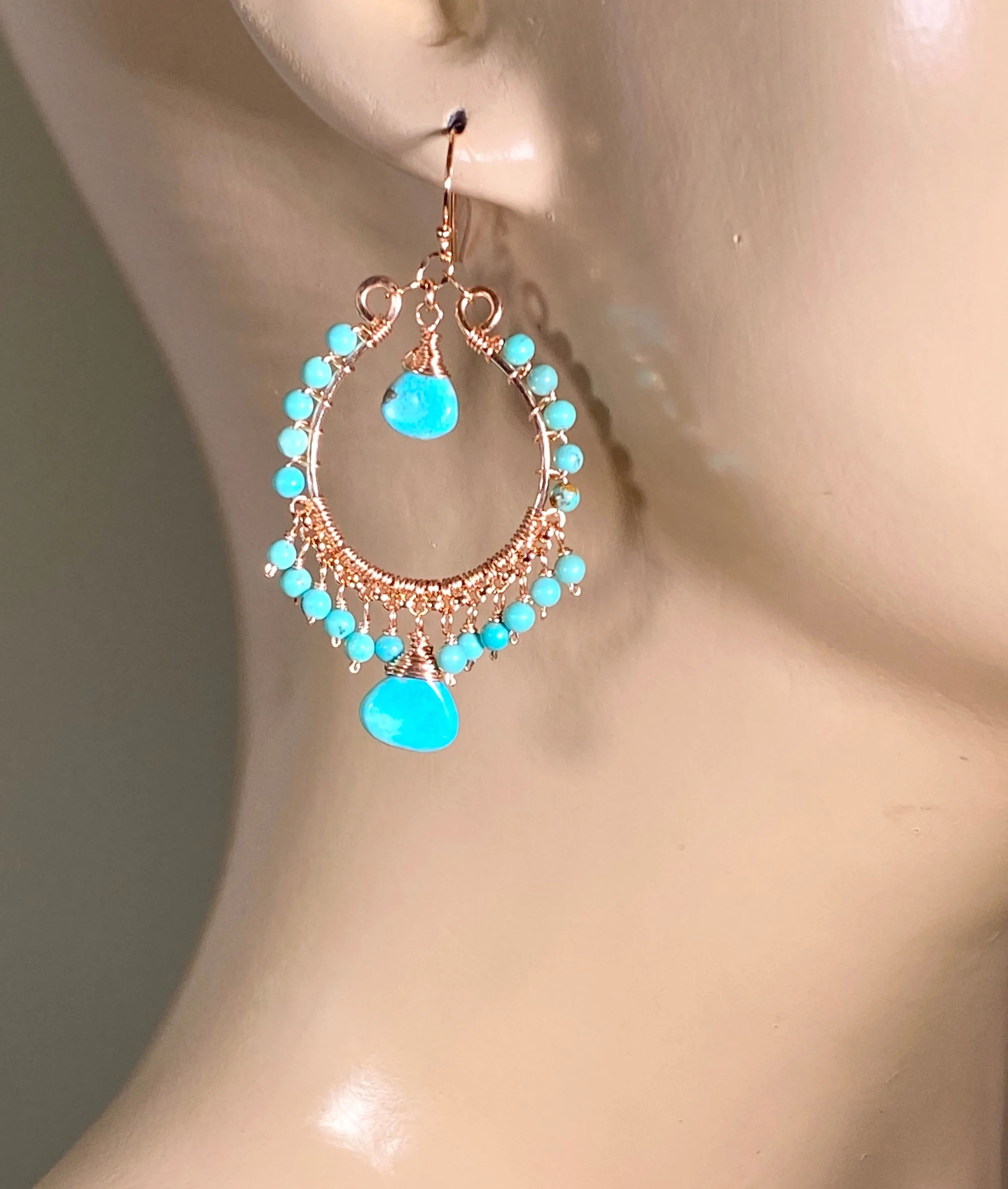 Turquoise Gemstone Rose Gold Hoop Earrings Kingman Mine