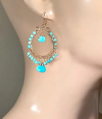 Turquoise Gemstone Rose Gold Hoop Earrings Kingman Mine