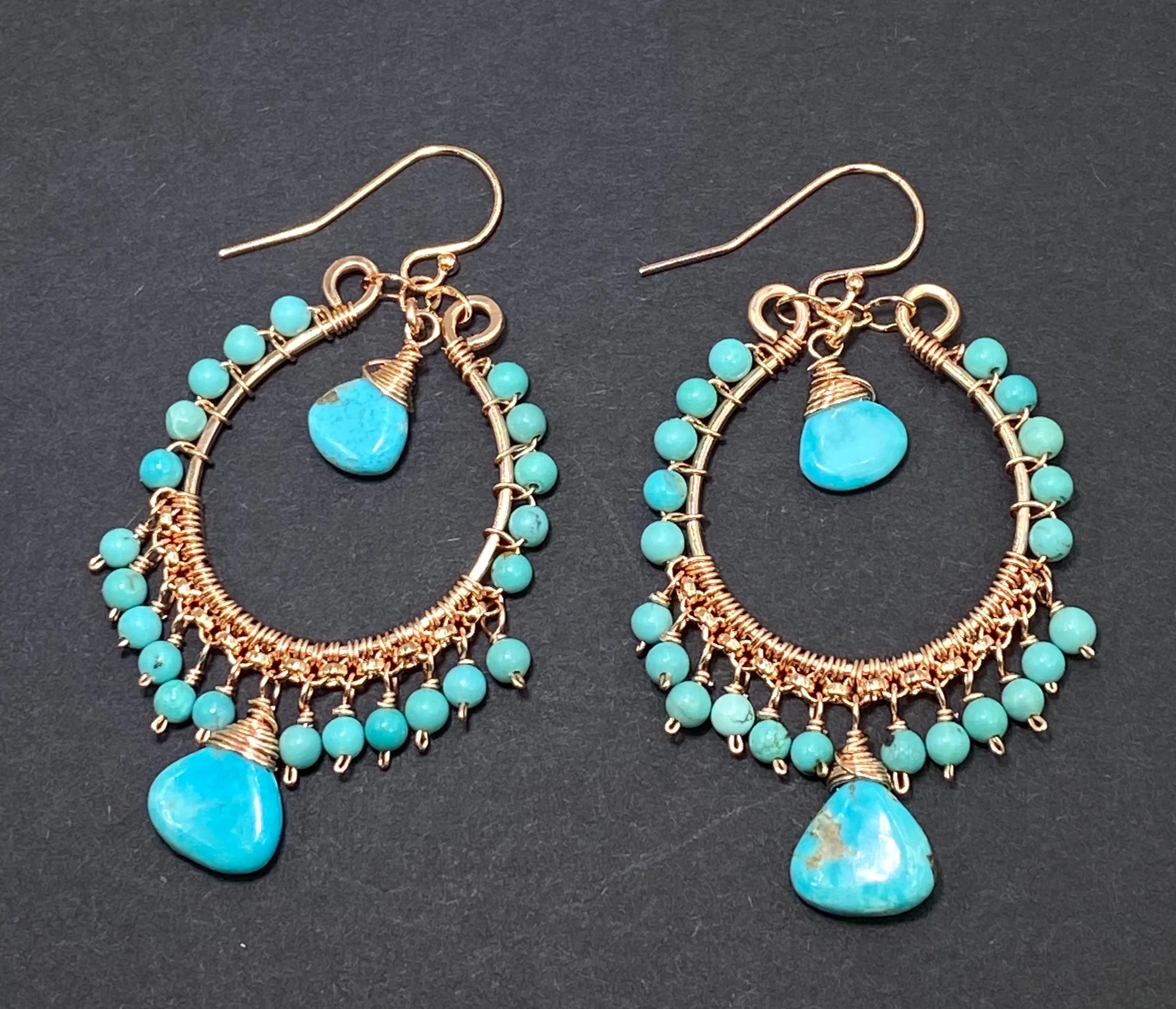 Turquoise Gemstone Rose Gold Hoop Earrings Kingman Mine