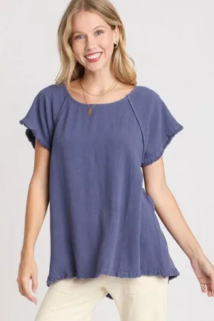 Umgee Full Size Seam Detail Linen Ruffle Fringe Edge Top Plus Size
