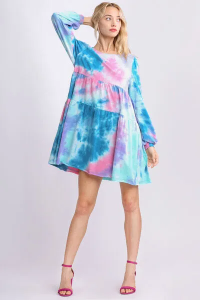 Umgee Full Size Tie Dye Round Neck Long Sleeve Babydoll Tiered Dress