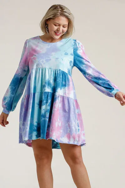 Umgee Full Size Tie Dye Round Neck Long Sleeve Babydoll Tiered Dress