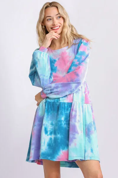 Umgee Full Size Tie Dye Round Neck Long Sleeve Babydoll Tiered Dress