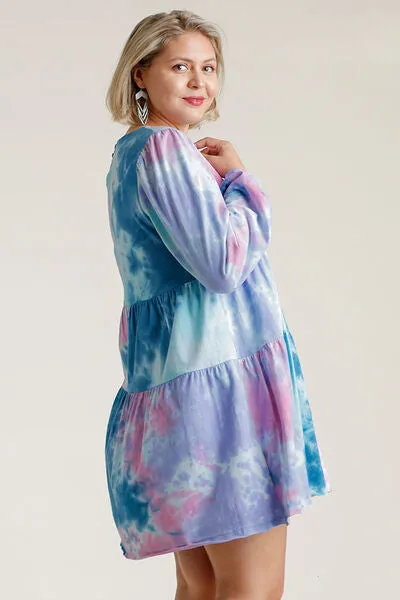 Umgee Full Size Tie Dye Round Neck Long Sleeve Babydoll Tiered Dress
