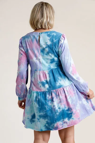 Umgee Full Size Tie Dye Round Neck Long Sleeve Babydoll Tiered Dress