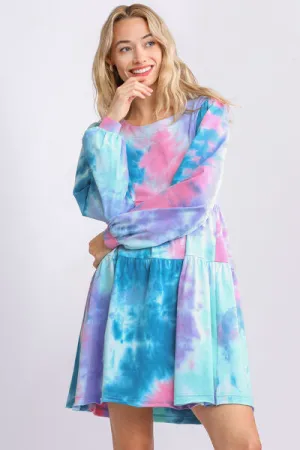 Umgee Full Size Tie Dye Round Neck Long Sleeve Babydoll Tiered Dress