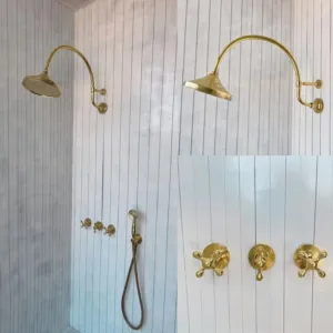Unlacquered Brass Shower Set - Vintage Brass Shower with Handheld Shower & Shower Head