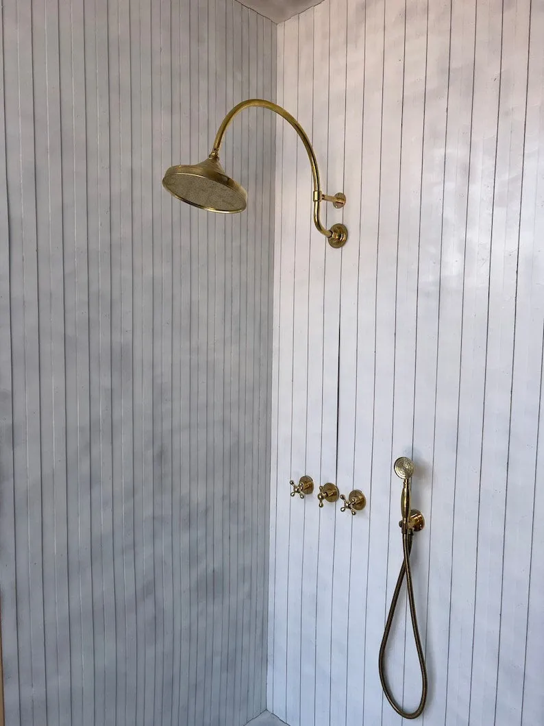 Unlacquered Brass Shower Set - Vintage Brass Shower with Handheld Shower & Shower Head