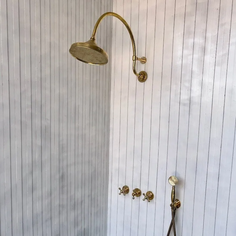 Unlacquered Brass Shower Set - Vintage Brass Shower with Handheld Shower & Shower Head