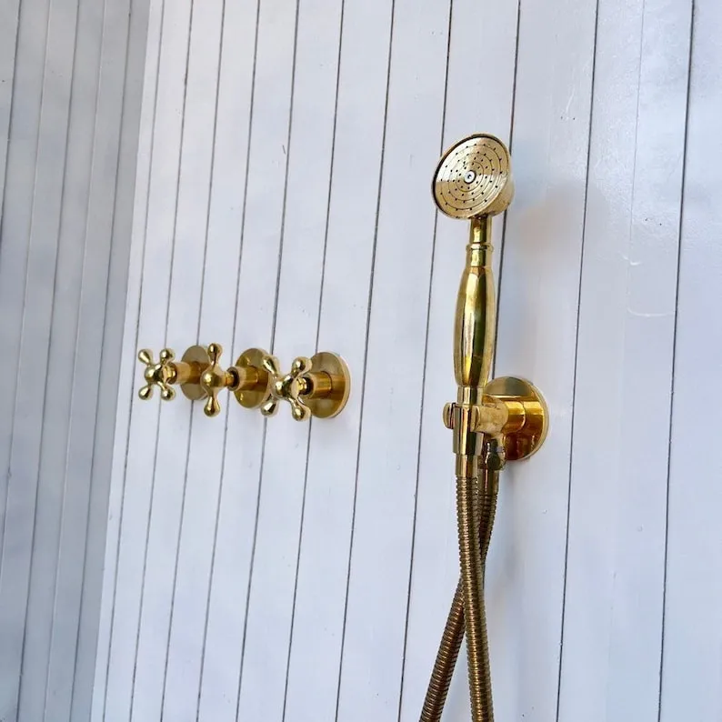 Unlacquered Brass Shower Set - Vintage Brass Shower with Handheld Shower & Shower Head