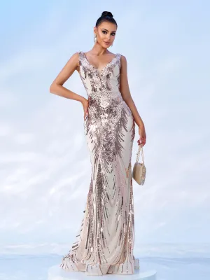 V-neck Sleeveless Mermaid Sequin Formal Dress RM21551