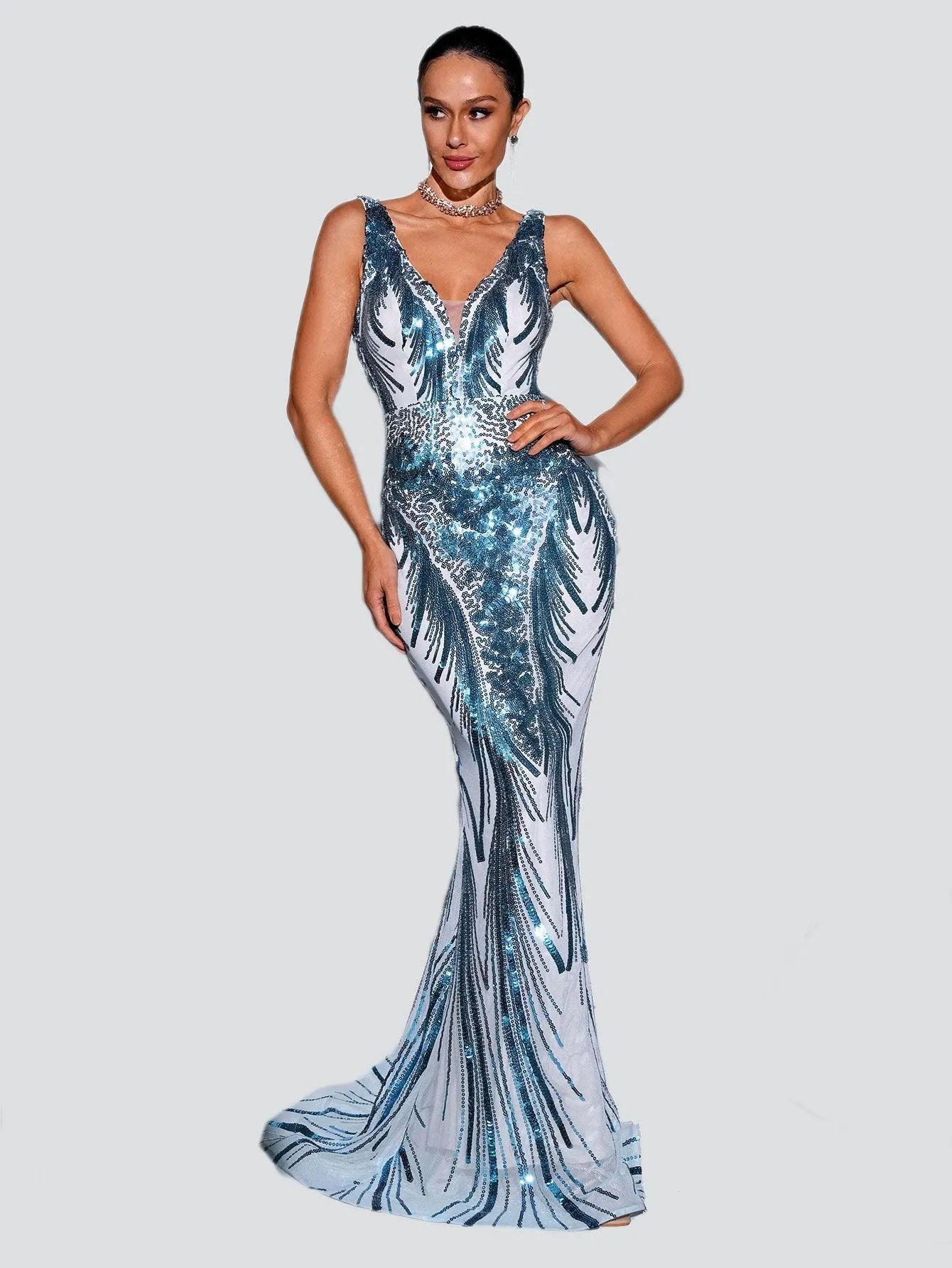 V-neck Sleeveless Mermaid Sequin Formal Dress RM21551