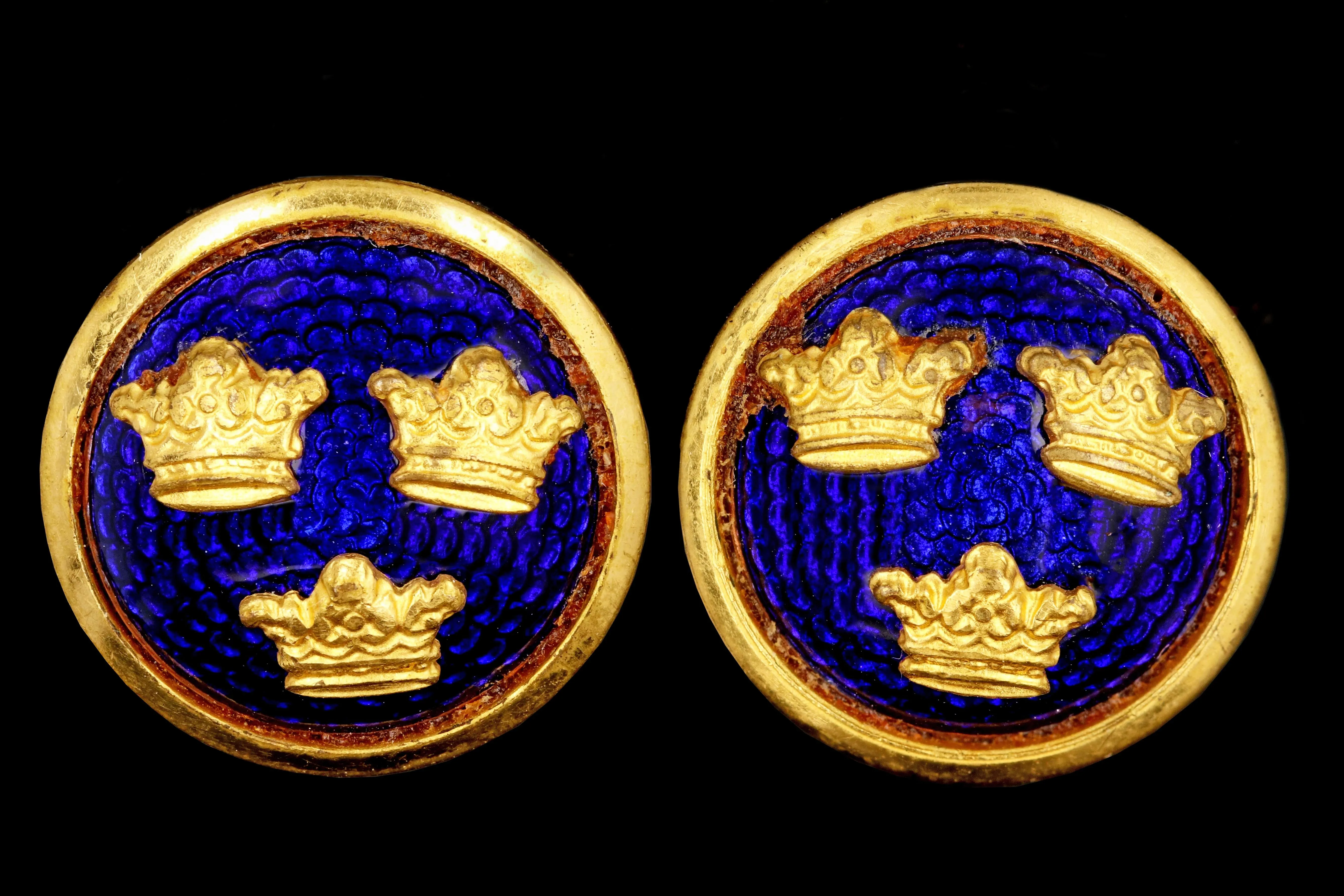 Vintage 14K Yellow Gold and Brass Bastille Crown Cufflink Conversion Earrings