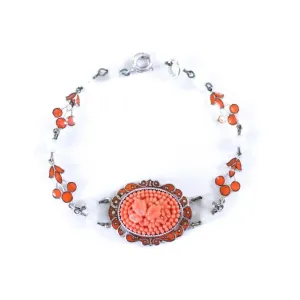 Vintage 1930s Czech Coral Floral Pressed Glass Bracelet with White Glass Beads and Enamel Accents