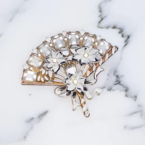 Vintage 1940s Pot Metal Fan Brooch with  White Flowers, Ribbon, Diamante Crystal Accents