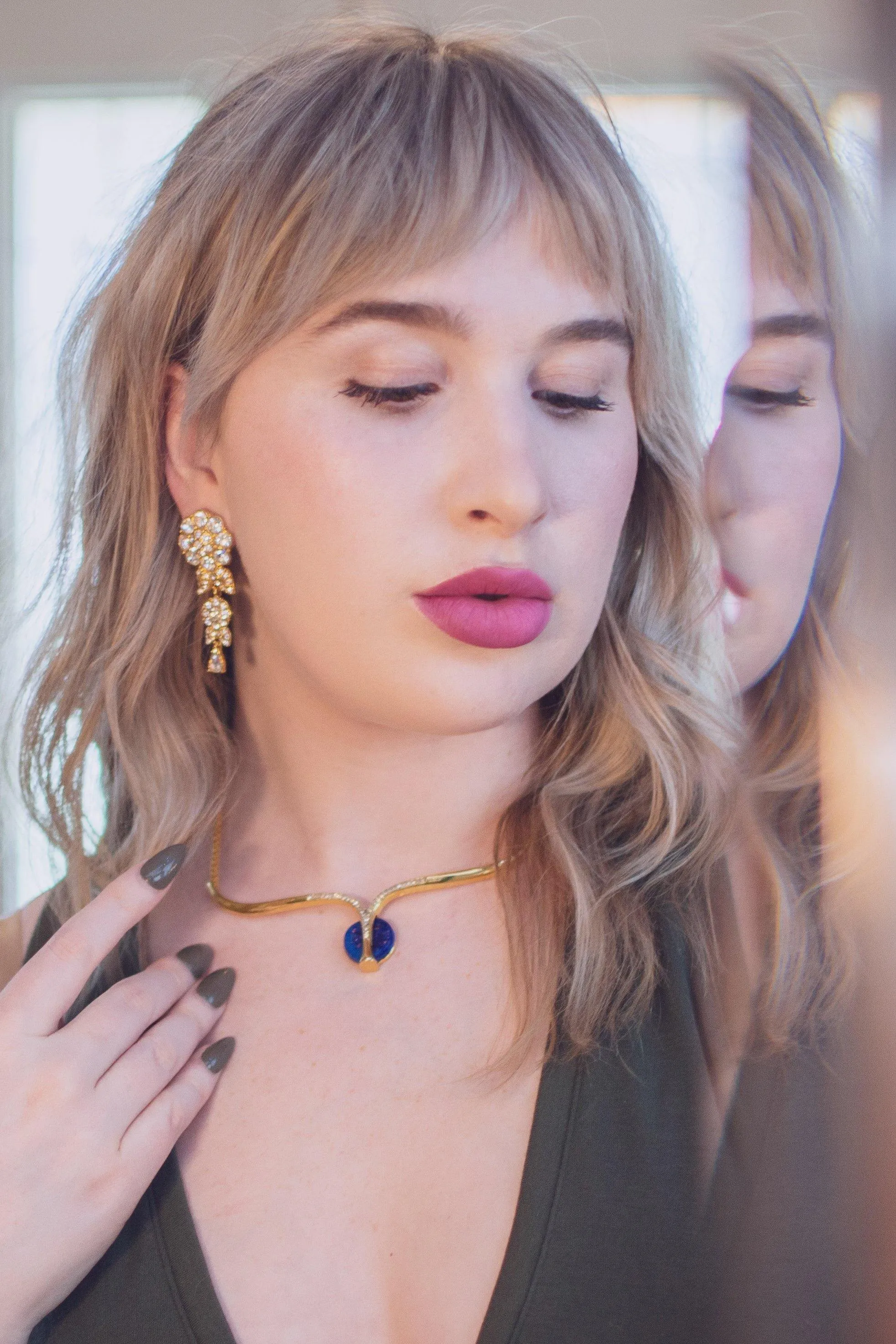 Vintage 1980s Couture Lapis Crystal Modernist Necklace