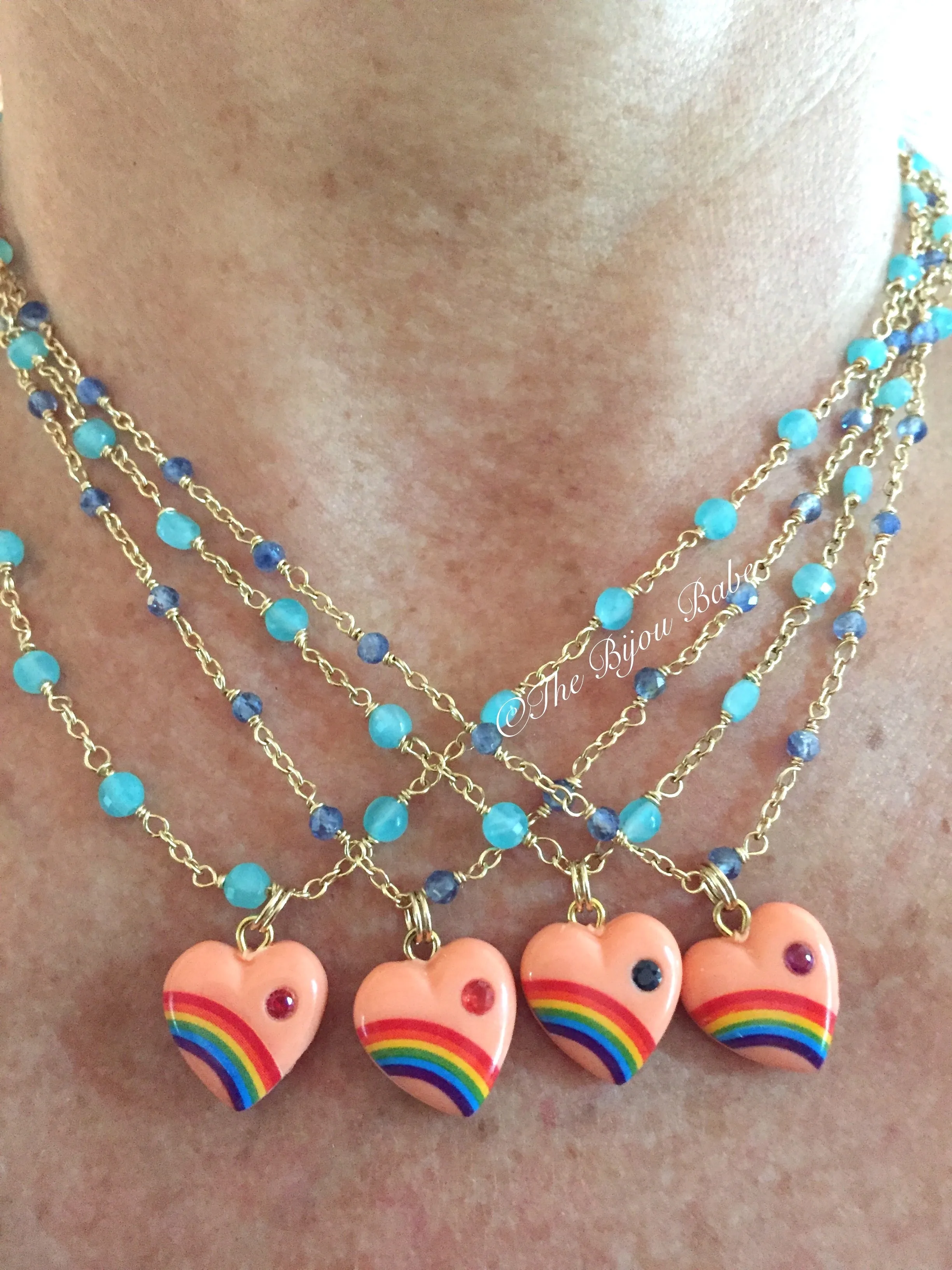 Vintage Acrylic Rainbow Heart Necklace with Sapphires