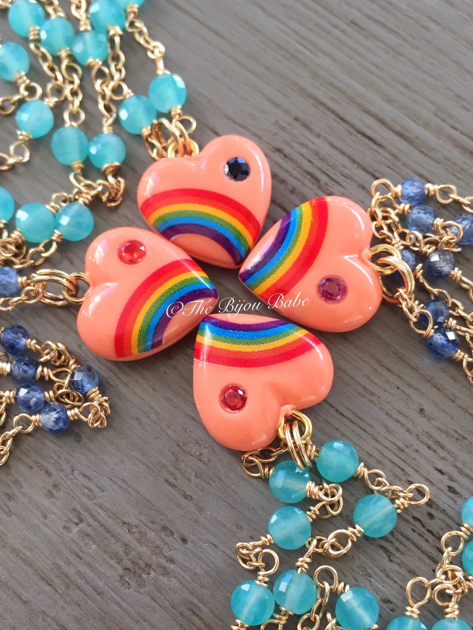Vintage Acrylic Rainbow Heart Necklace with Sapphires